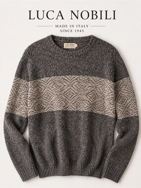 Luca Nobili Made in Italy Men’s Wool Blend Geometric Stripe Crewneck Sweater XL